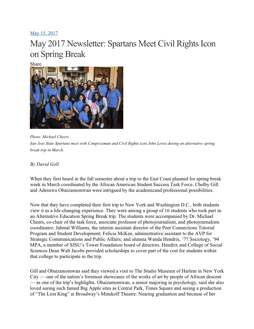 May 2017 Newsletter: Spartans Meet Civil Rights Icon on Spring Break