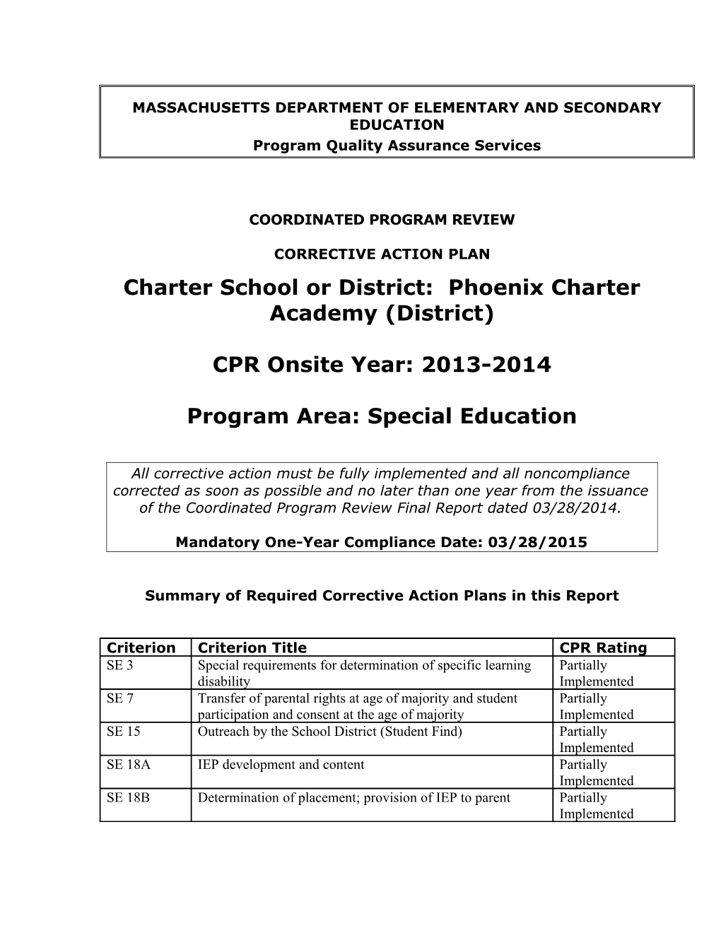 Phoenix Charter Academy CAP 2014