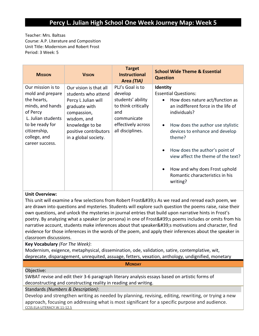 Percy L. Julian High Schoolone Week Journey Map: Week 5