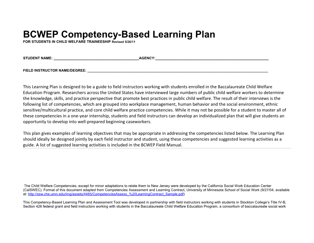 BCWEP Competency-Based Learning Plan