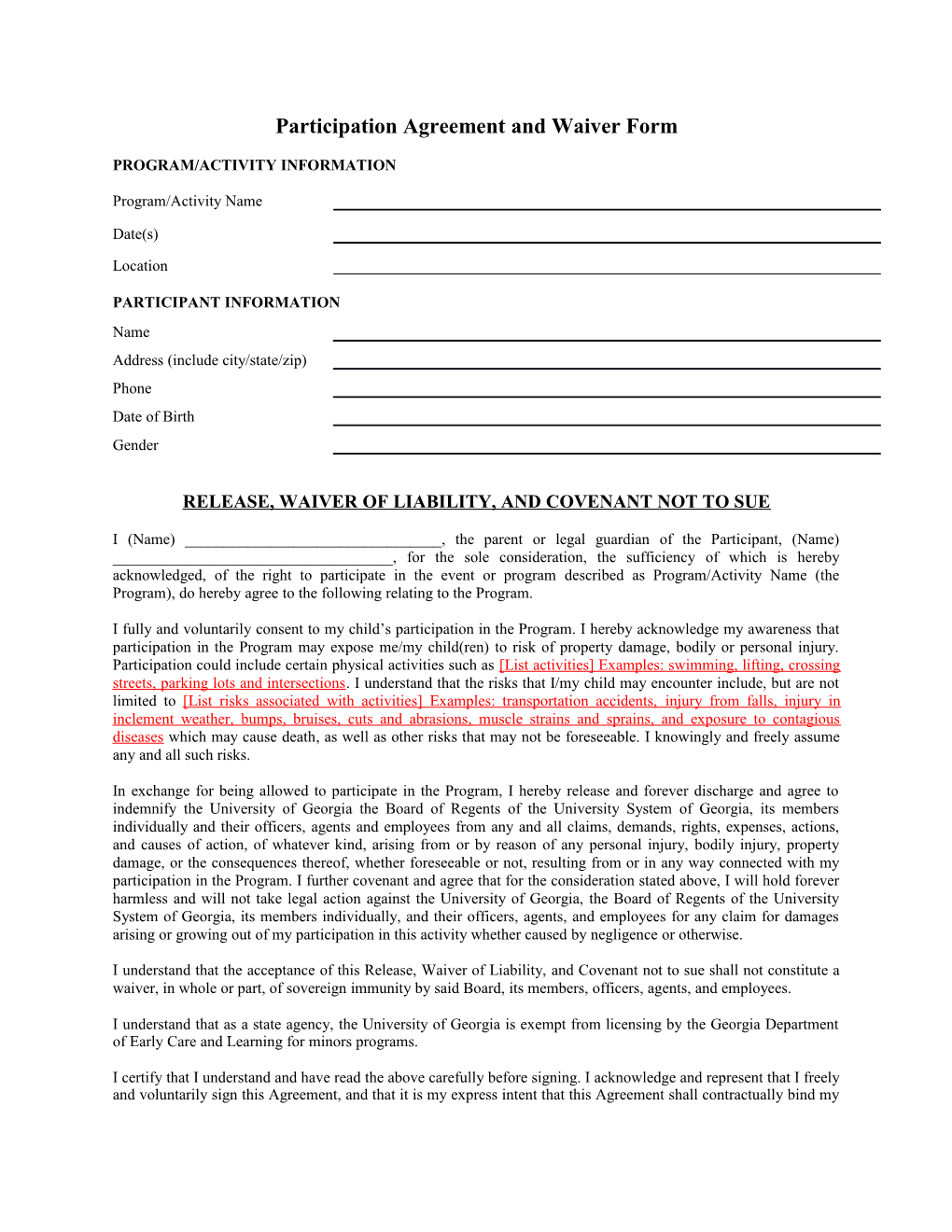 Participation Agreement and Waiver Form