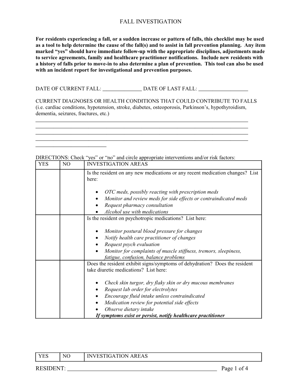 For Residents Experiencing a Fall, Or a Sudden Increase Or Pattern of Falls, This Checklist