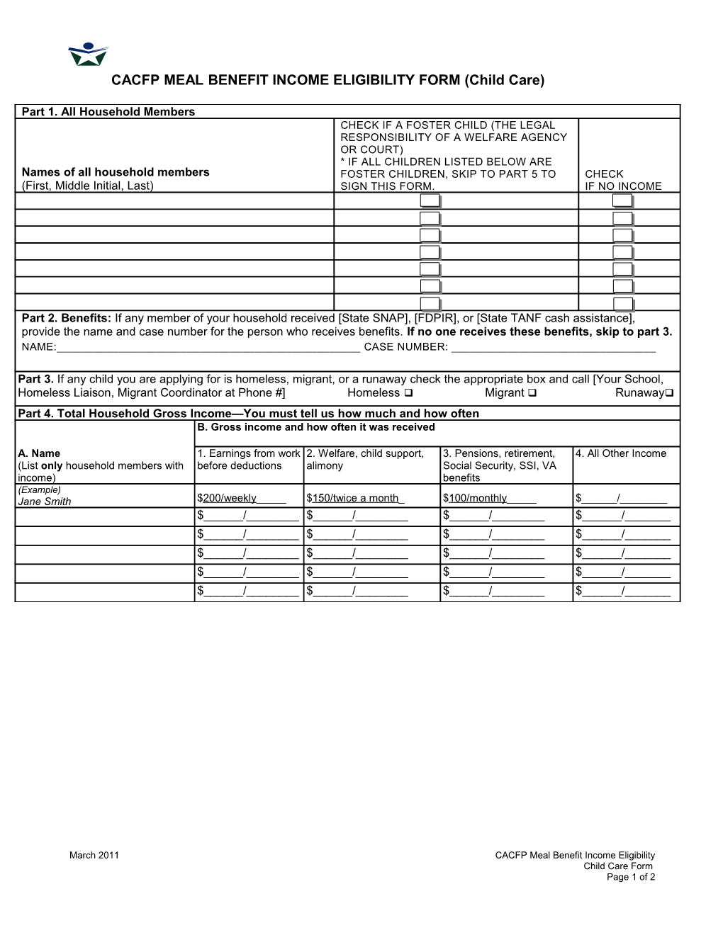 March 2011 CACFP Meal Benefit Income Eligibility