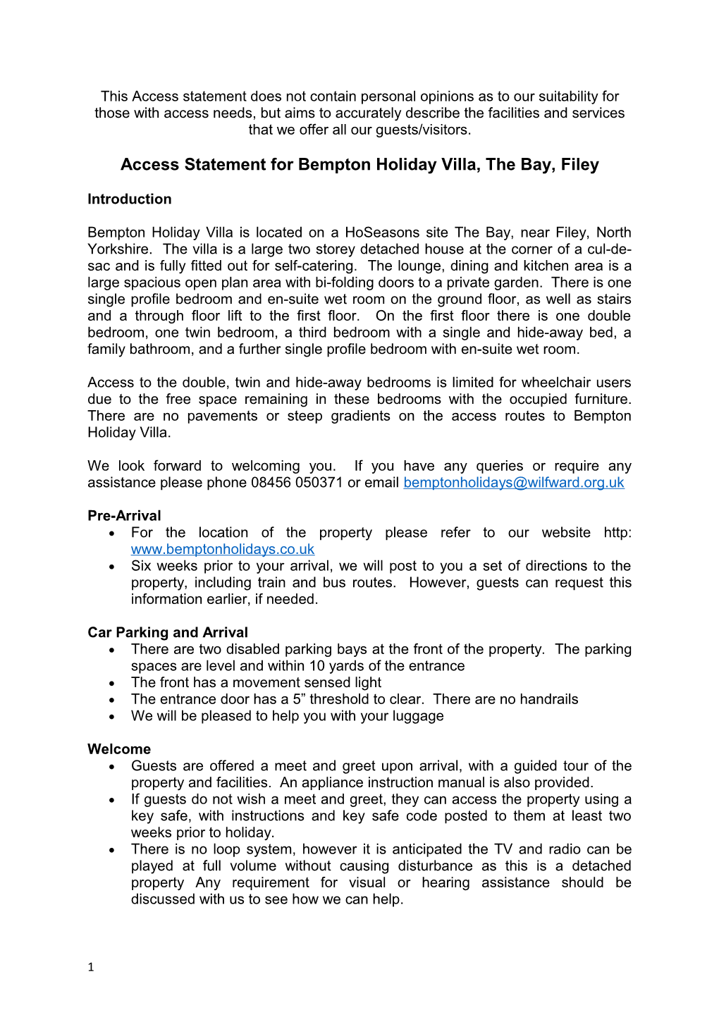 Access Statement for Bempton Holiday Villa,The Bay,Filey
