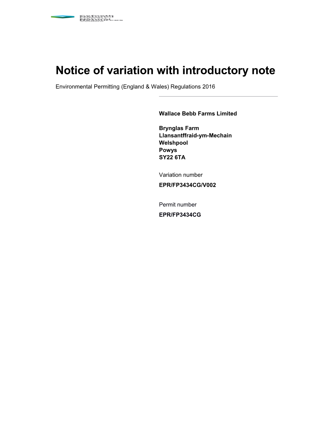233 08 SD30 Environmental Permitting: Variation Notice, No Consolidation