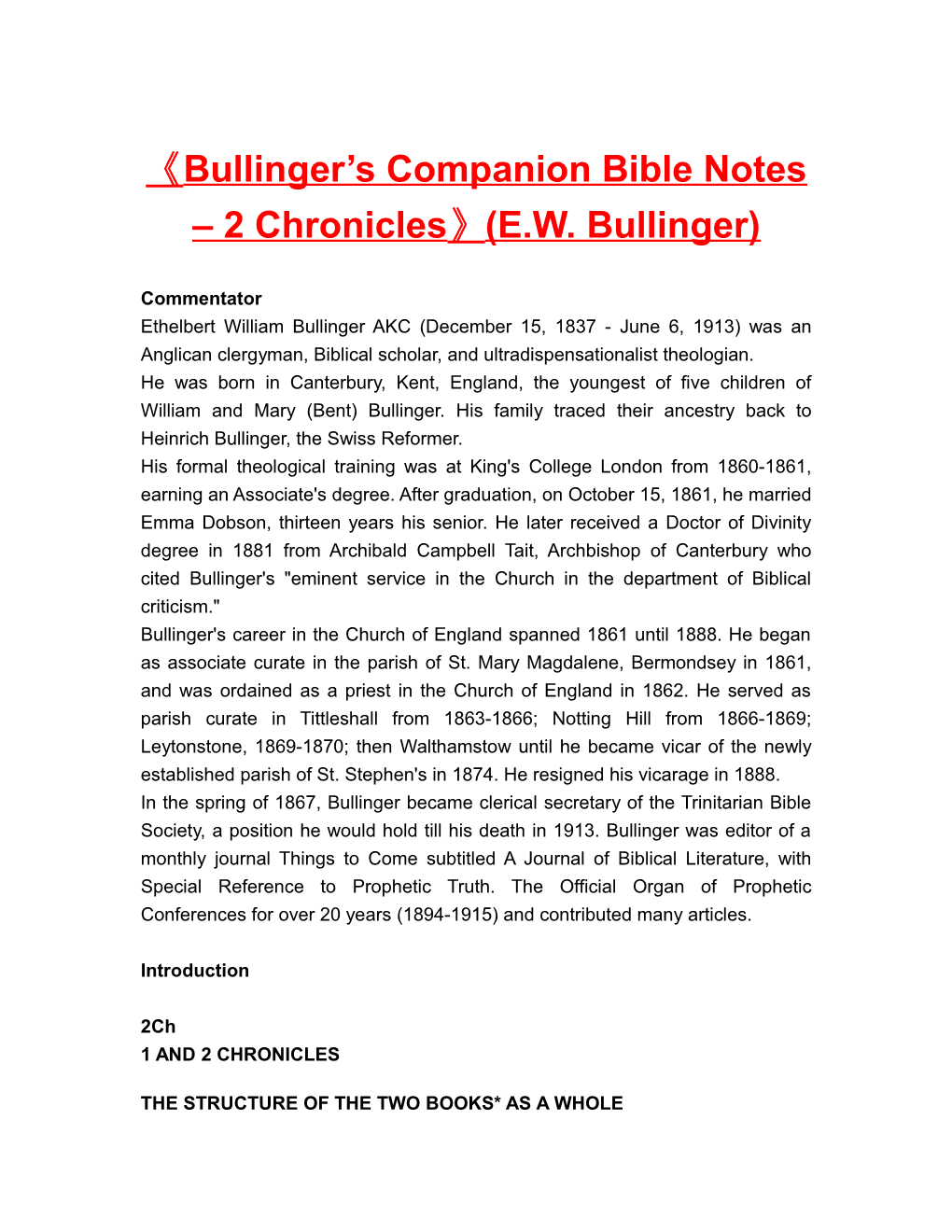 Bullinger S Companion Bible Notes 2 Chronicles (E.W. Bullinger)