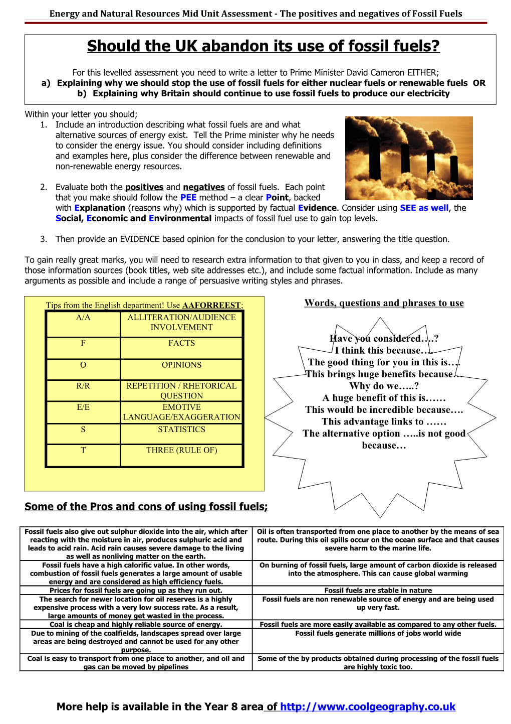 Energy and Natural Resources Mid Unit Assessment - the Positives and Negatives of Fossil Fuels