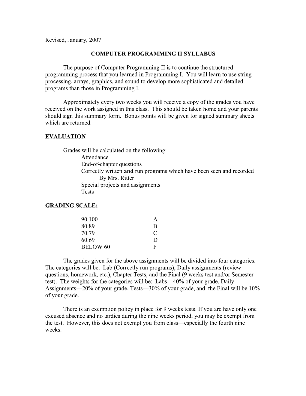 Computer Programming Ii Syllabus