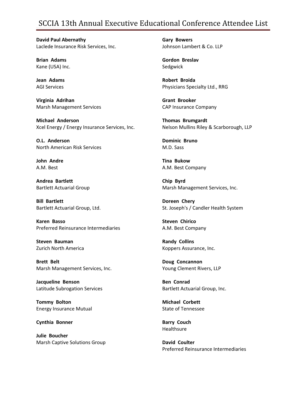 SCCIA 13Th Annual Executive Educational Conference Attendee List