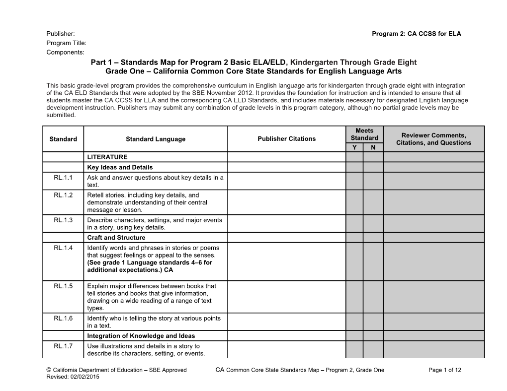 ELA Standards Map, Program 2 Grade 1 - Instructional Materials (CA Dept of Education)