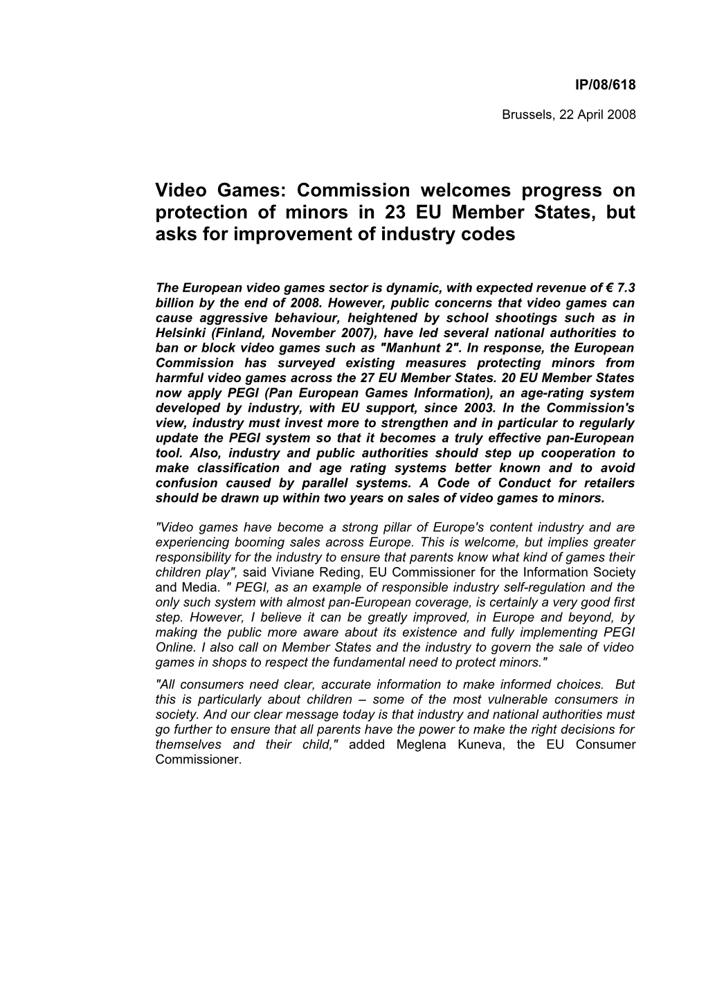 Video Games: Commission Welcomes Progress on Protection of Minors in 23 EU Member States