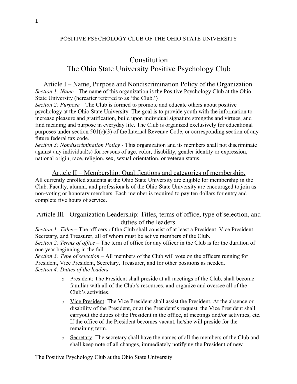 Positive Psychology Club of the Ohio State University