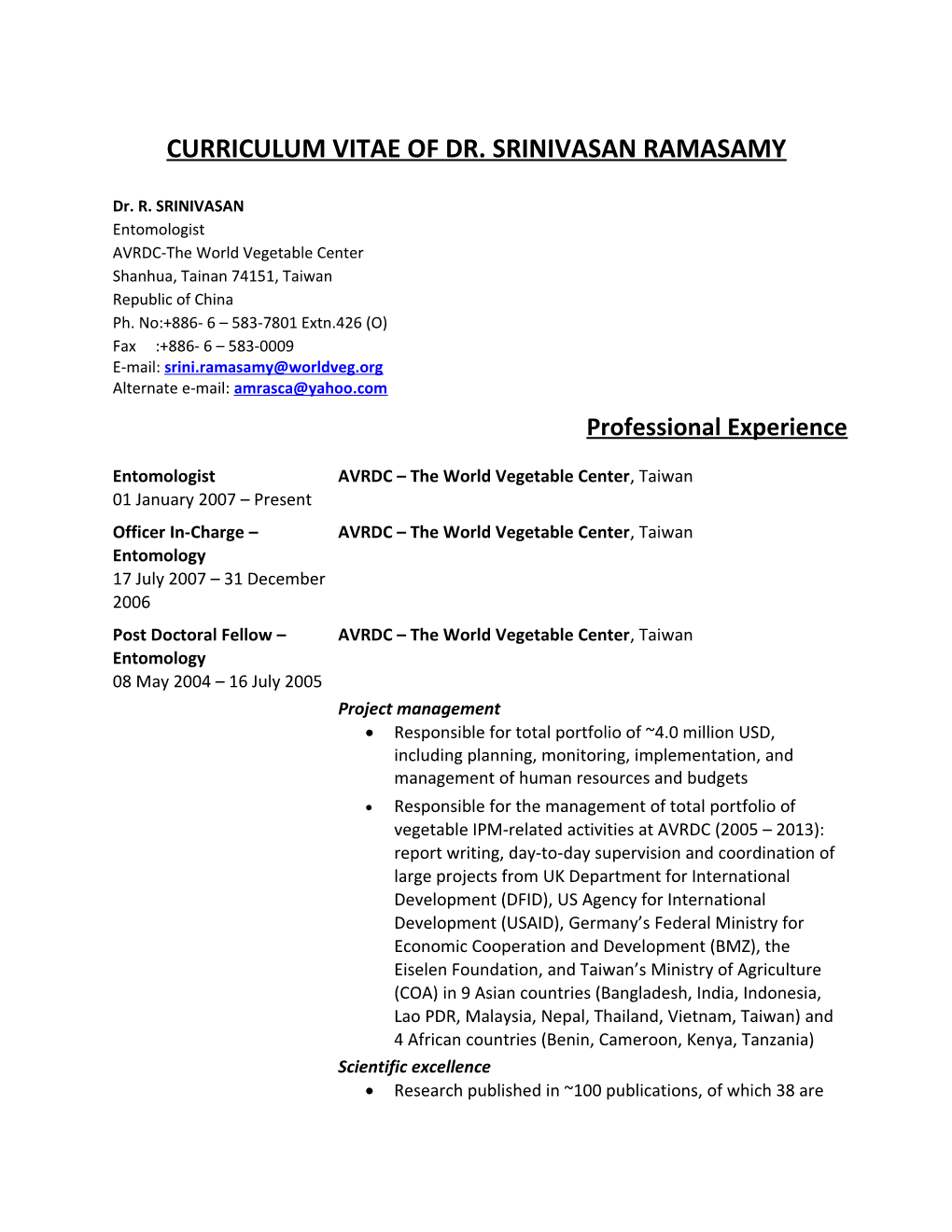 Curriculum Vitae of Dr.Srinivasan Ramasamy