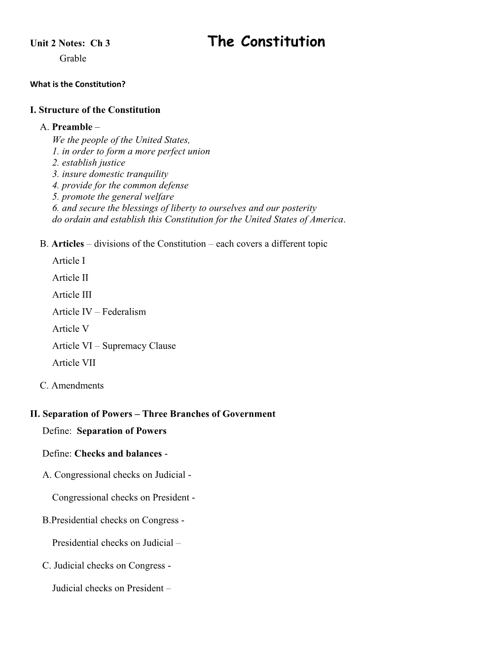 Unit 2 Notes: Ch 3 the Constitution Grable