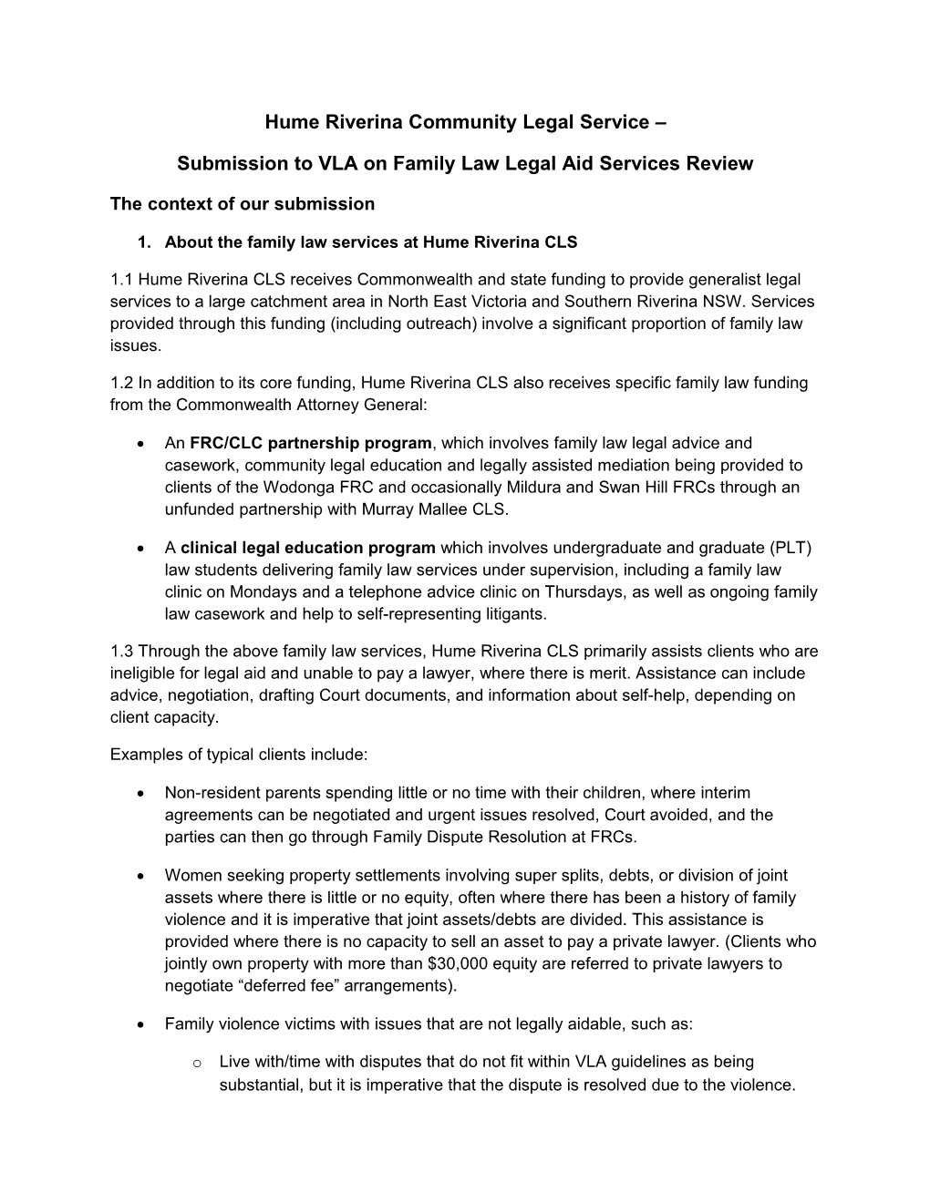 Hume Riverina Community Legal Service Submission to VLA on Family Law Legal Aid Services Review