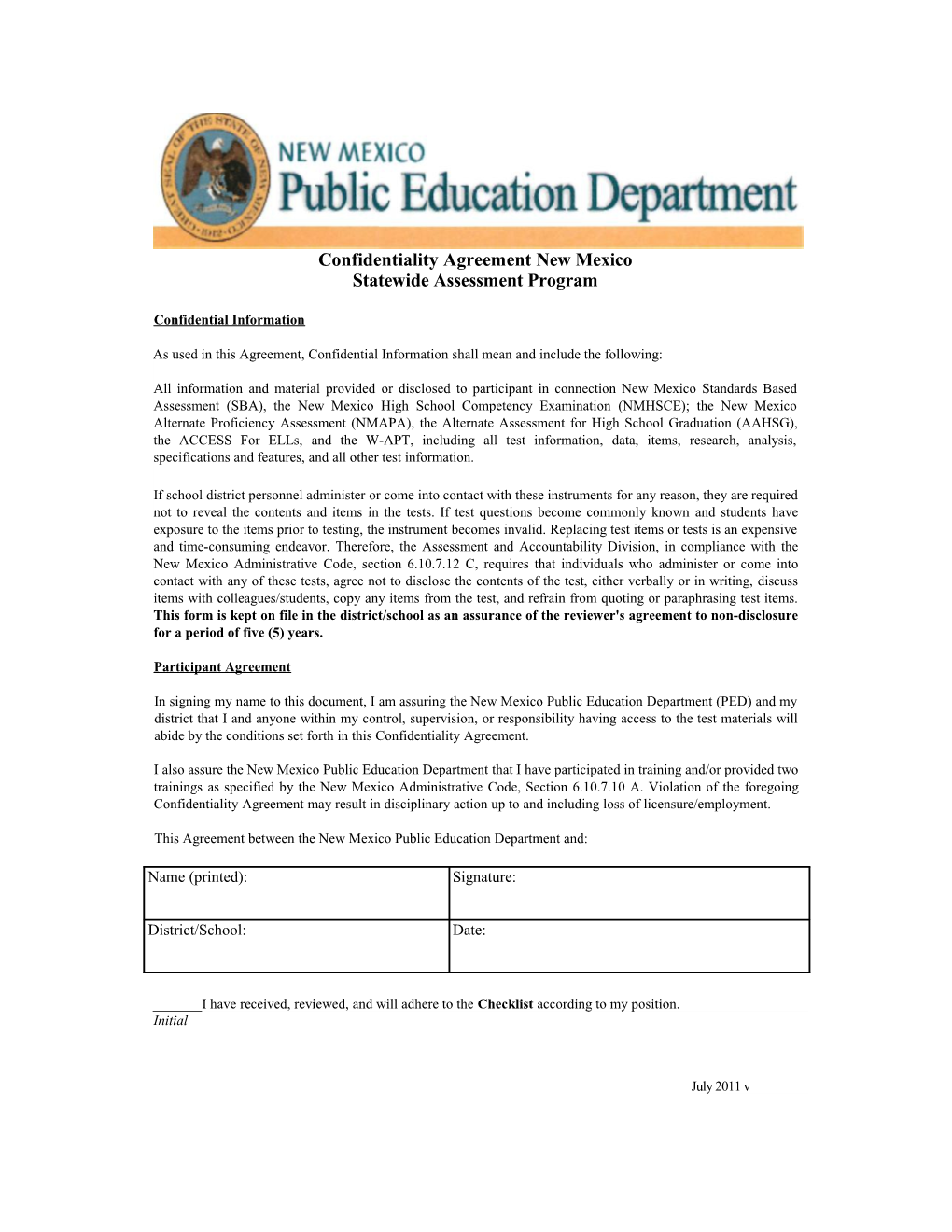 Confidentiality Agreement New Mexico Statewide Assessment Program