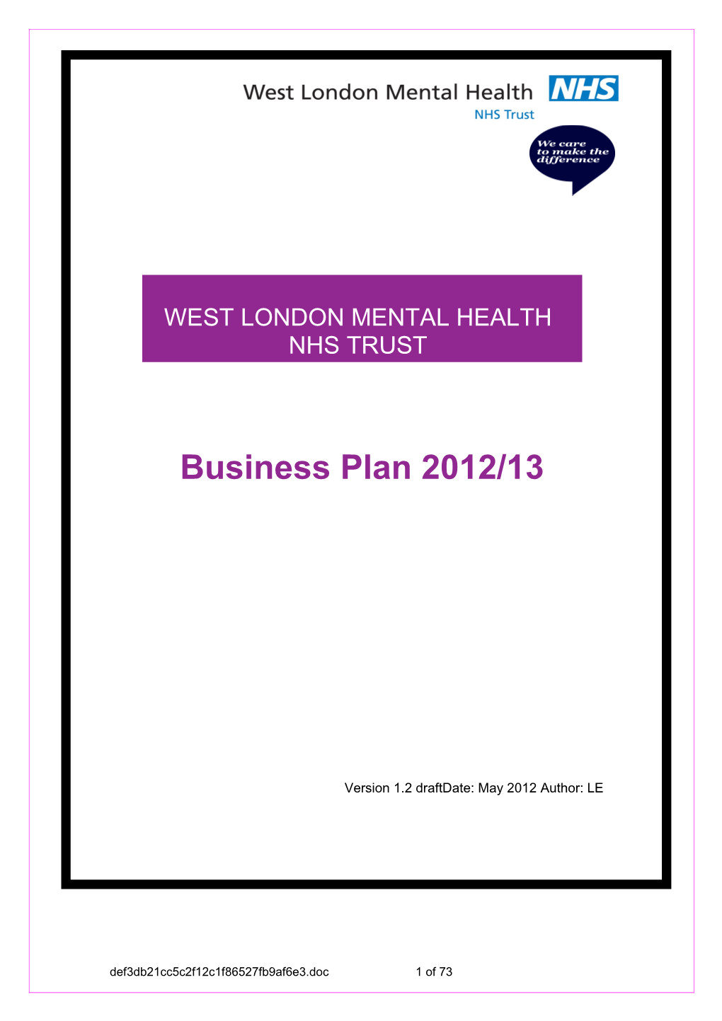 West London Mental Health Trust Business Plan 2011/12