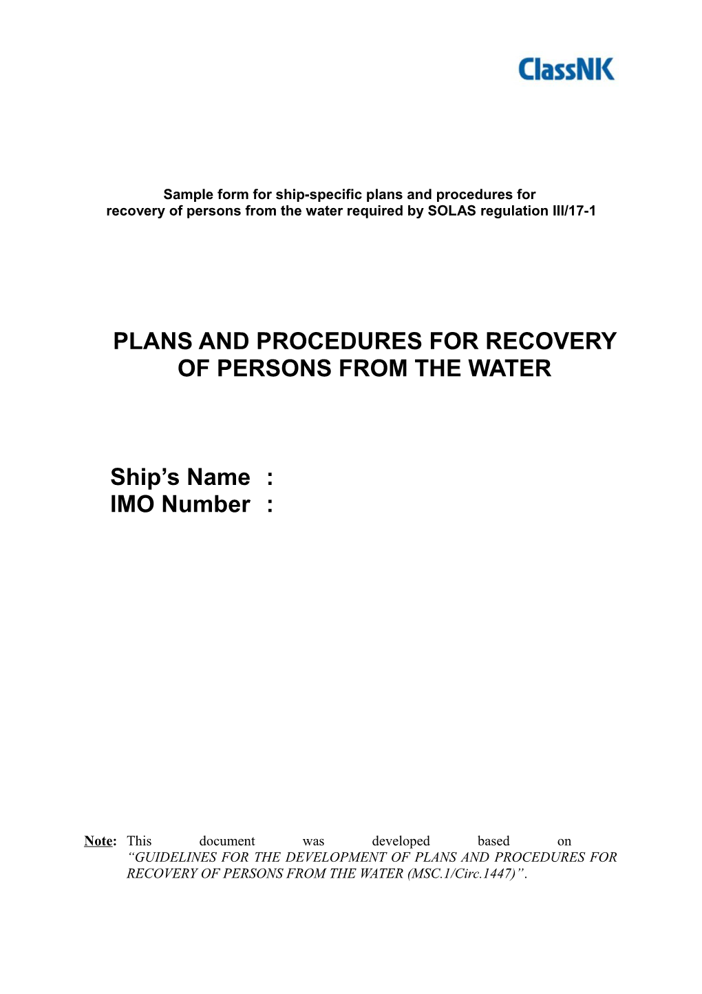 Plans and Procedures for Recovery of Persons from the Water