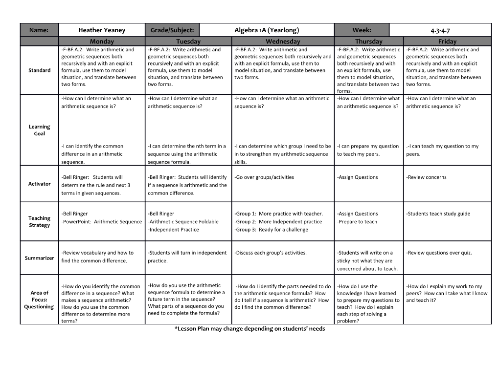 *Lesson Plan May Change Depending on Students Needs