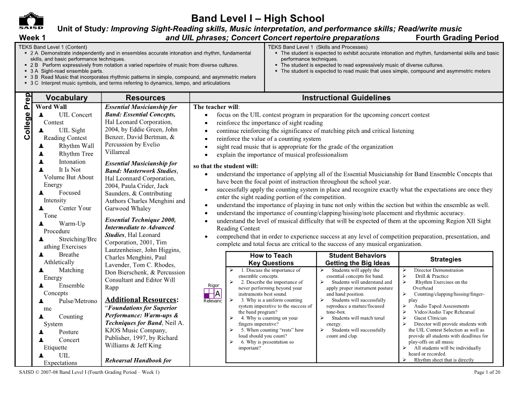 Week 1And UIL Phrases; Concert Concert Repertoire Preparations Fourth Grading Period