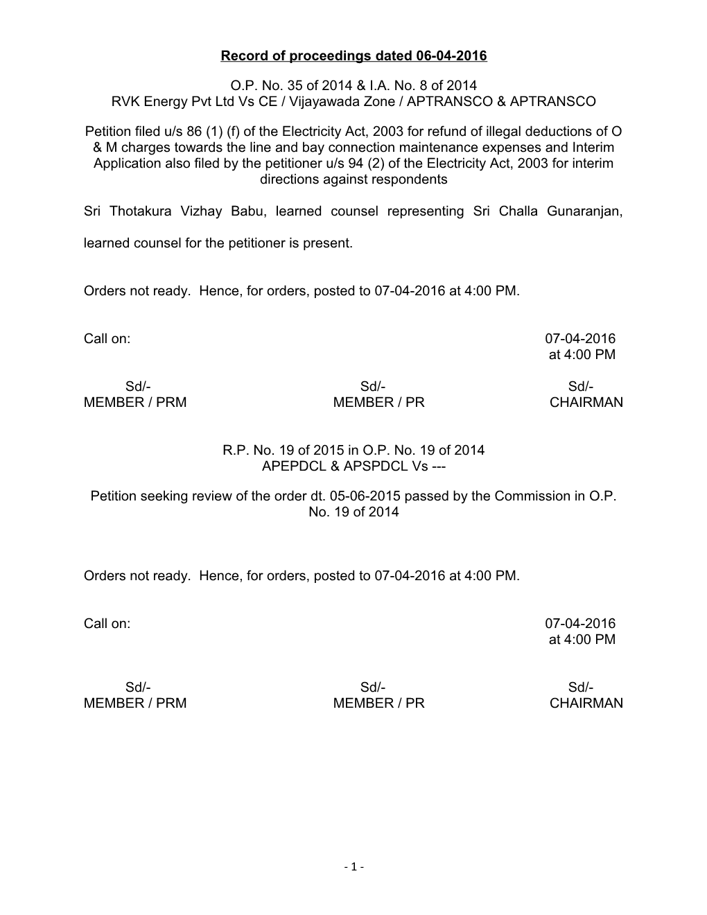 Record of Proceedings Dated 06-04-2016