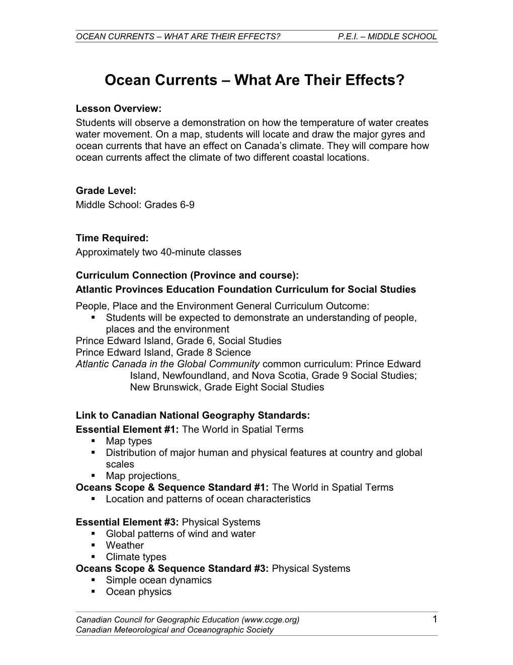 Ocean Currents What Are Their Effects? P.E.I. Middle School