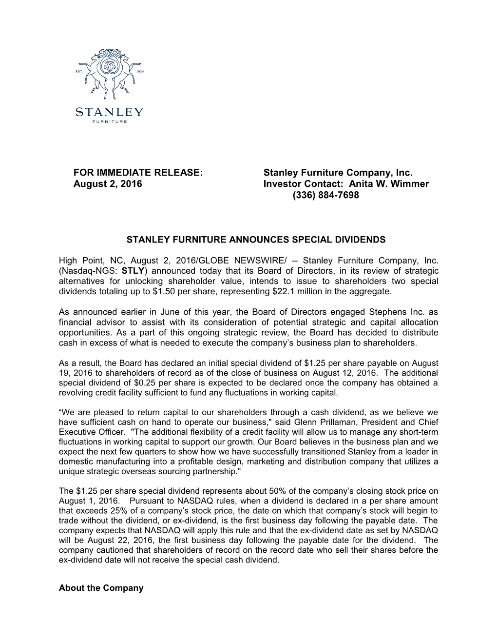FOR IMMEDIATE RELEASE: Stanley Furniture Company, Inc