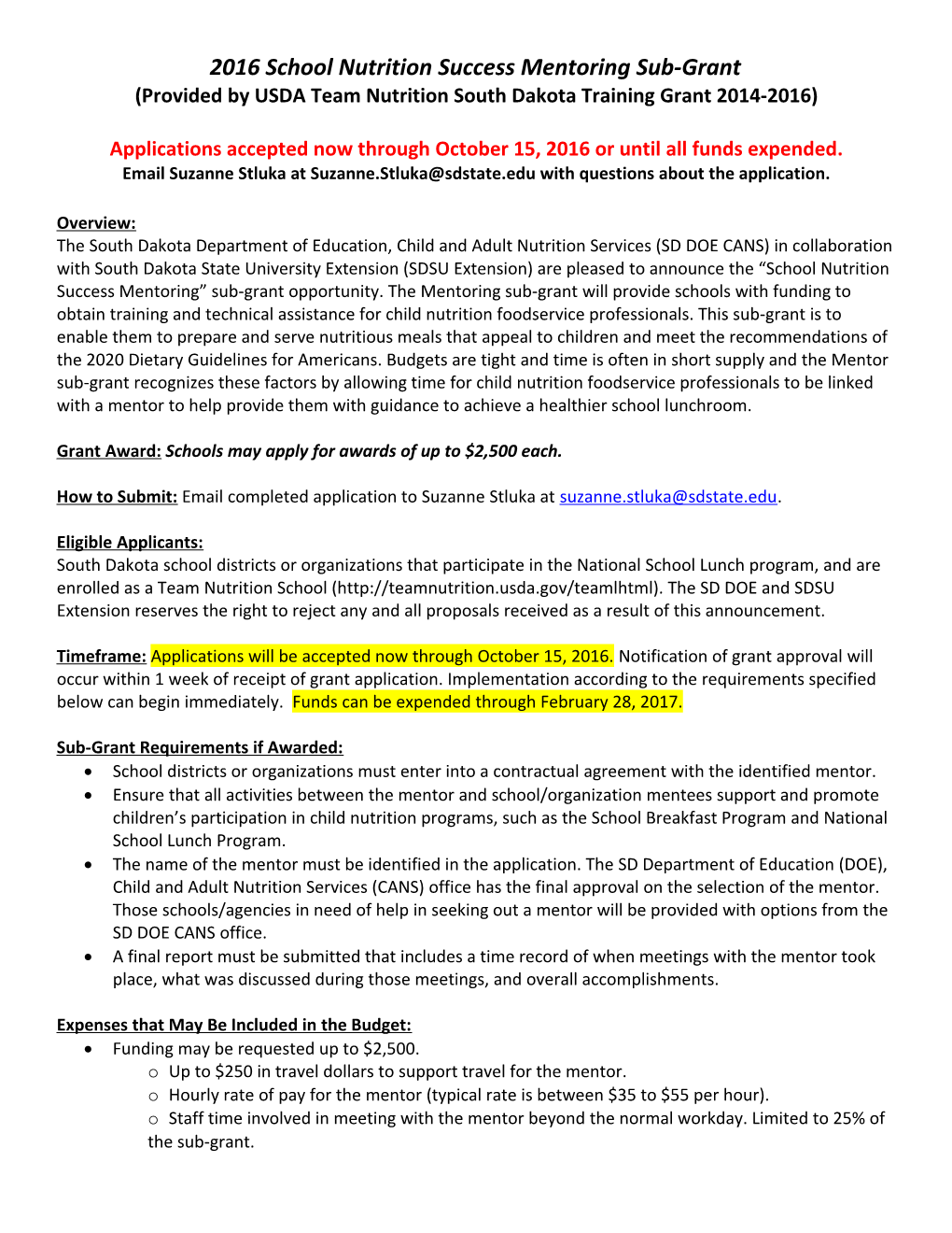 Mini-Grant Funds Are Being Provided by the South Dakota Department of Education Child &