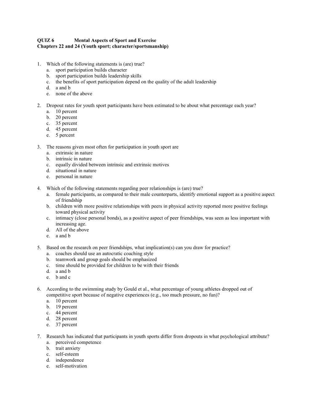 QUIZ 6Mental Aspects of Sport and Exercise