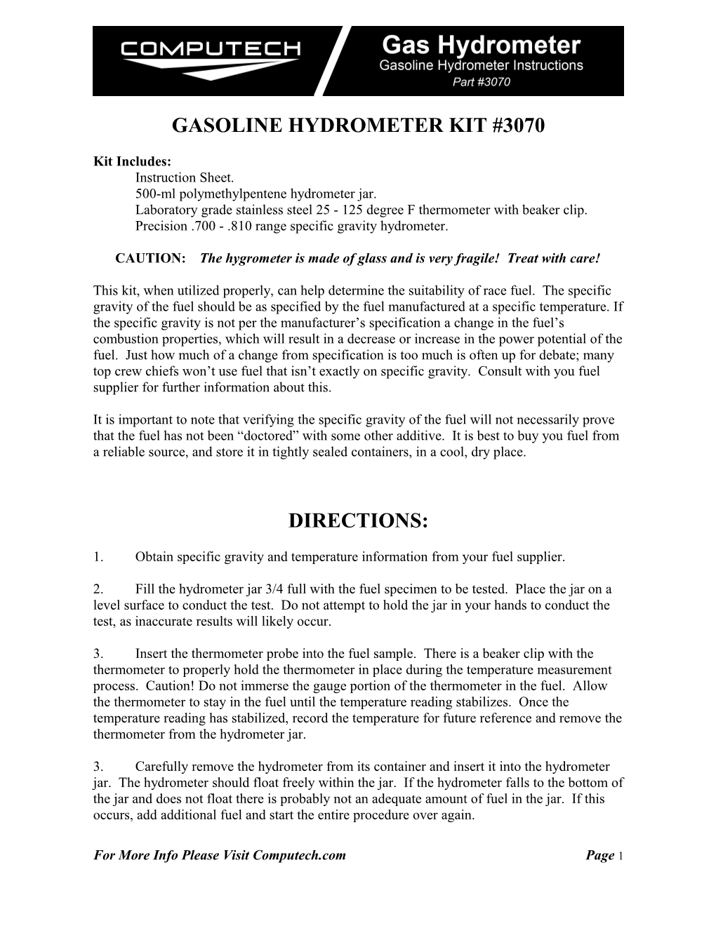 Gasoline Hydrometer Kit #3070