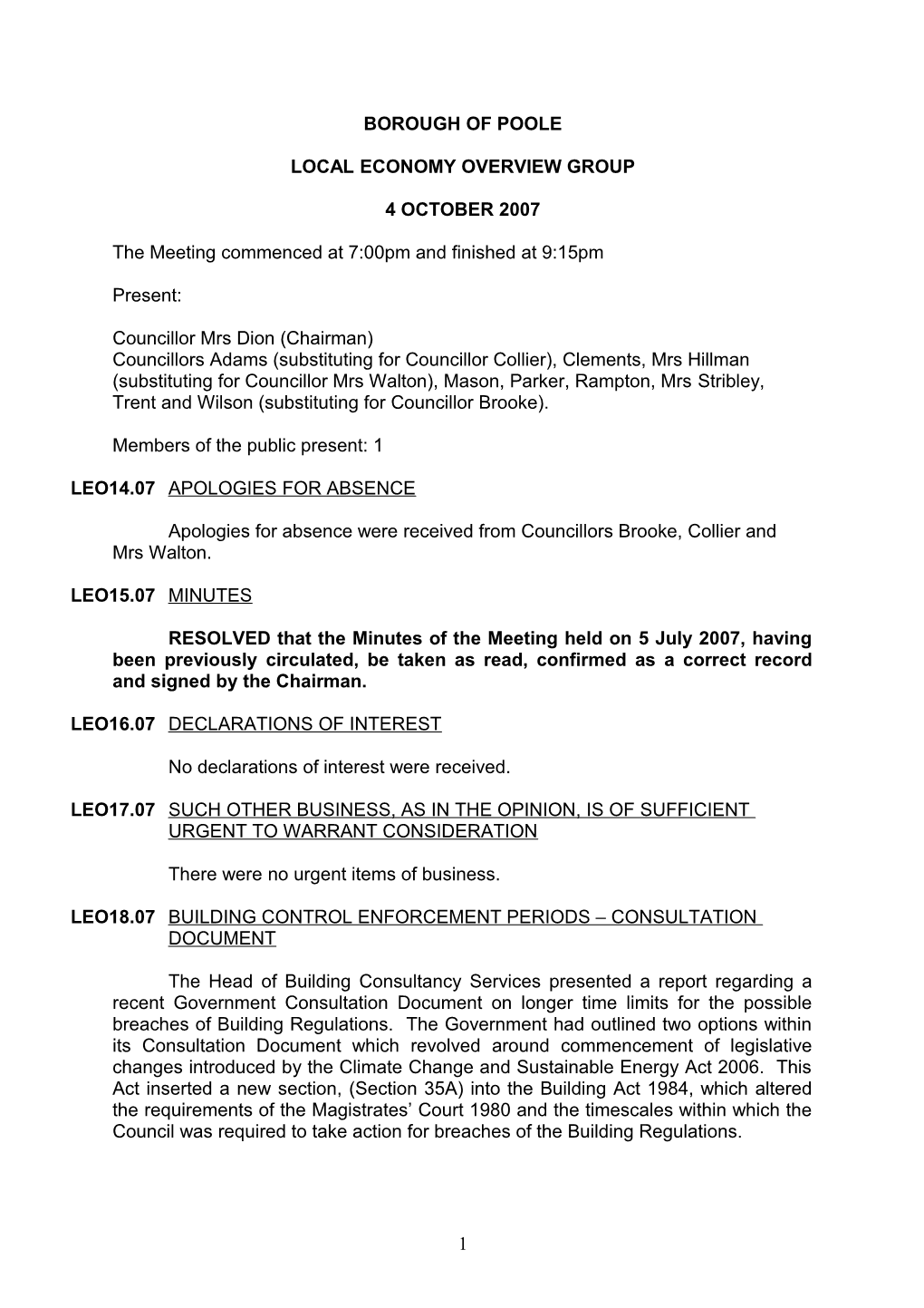 Minutes - Local Economy Overview Group - 4 October 2007