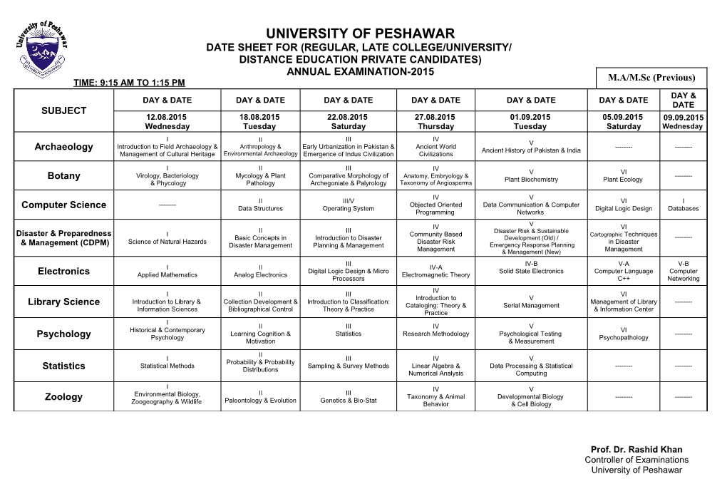 Date Sheet for (Regular, Late College/University