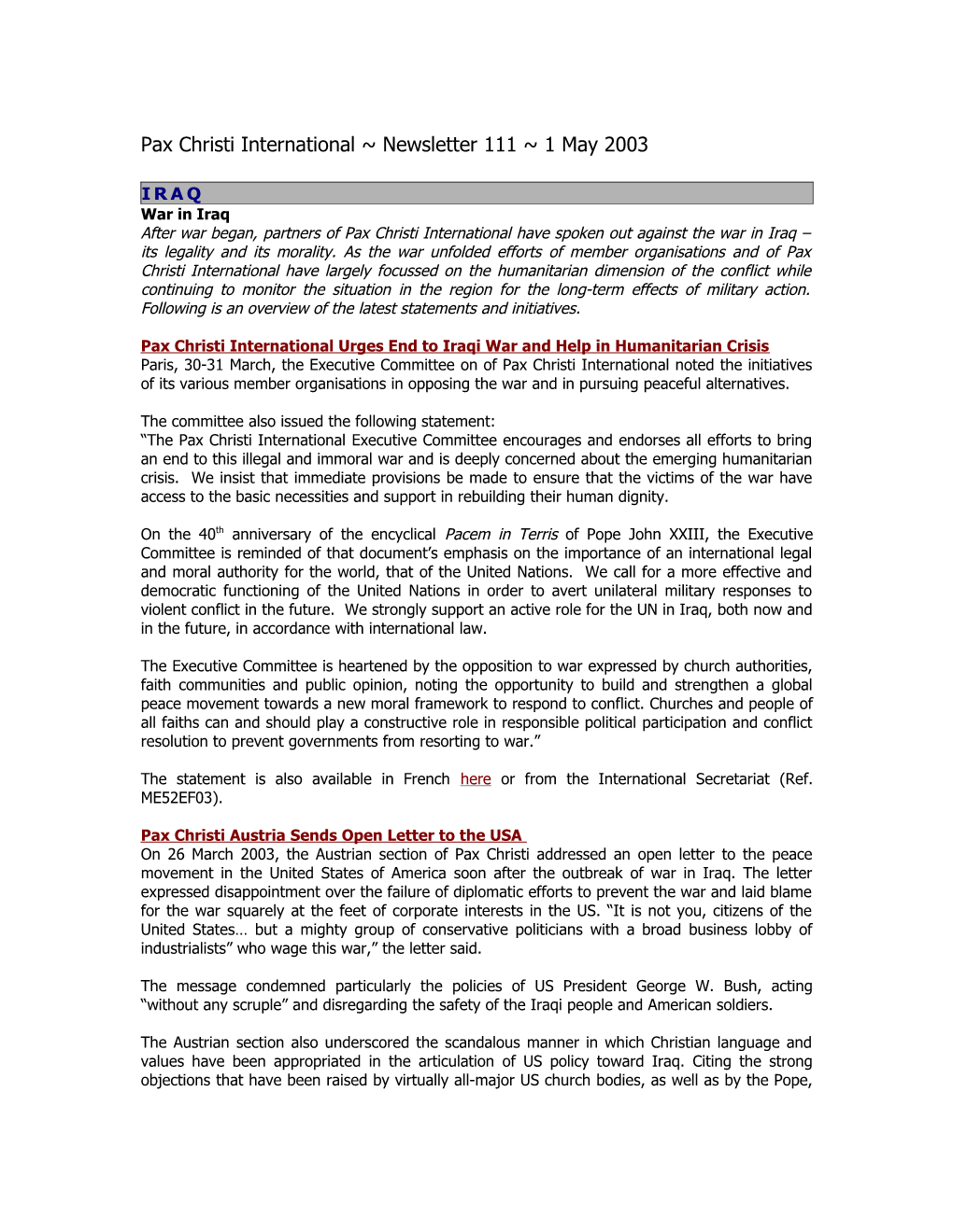 Pax Christi International Newsletter 107 1 December 2002