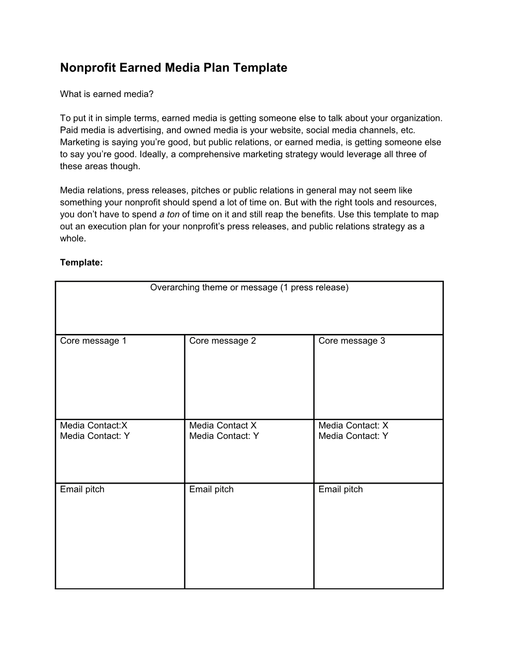 Nonprofit Earned Media Plan Template