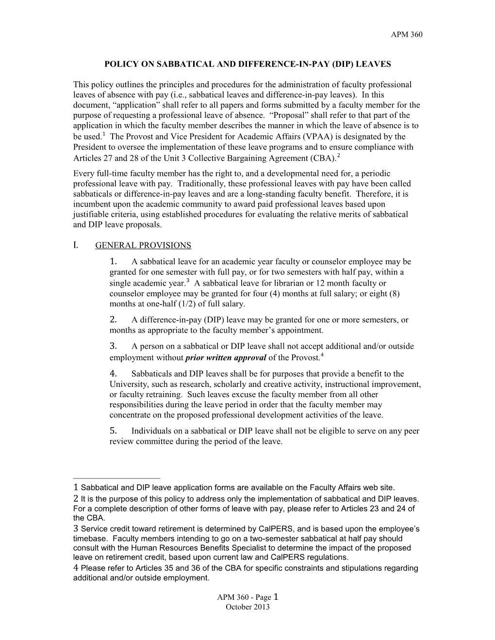 Policy on Sabbatical and Difference-In-Pay (Dip) Leaves