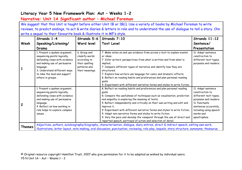 Literacy Year 5 New Framework Plan: Aut Weeks 1-2