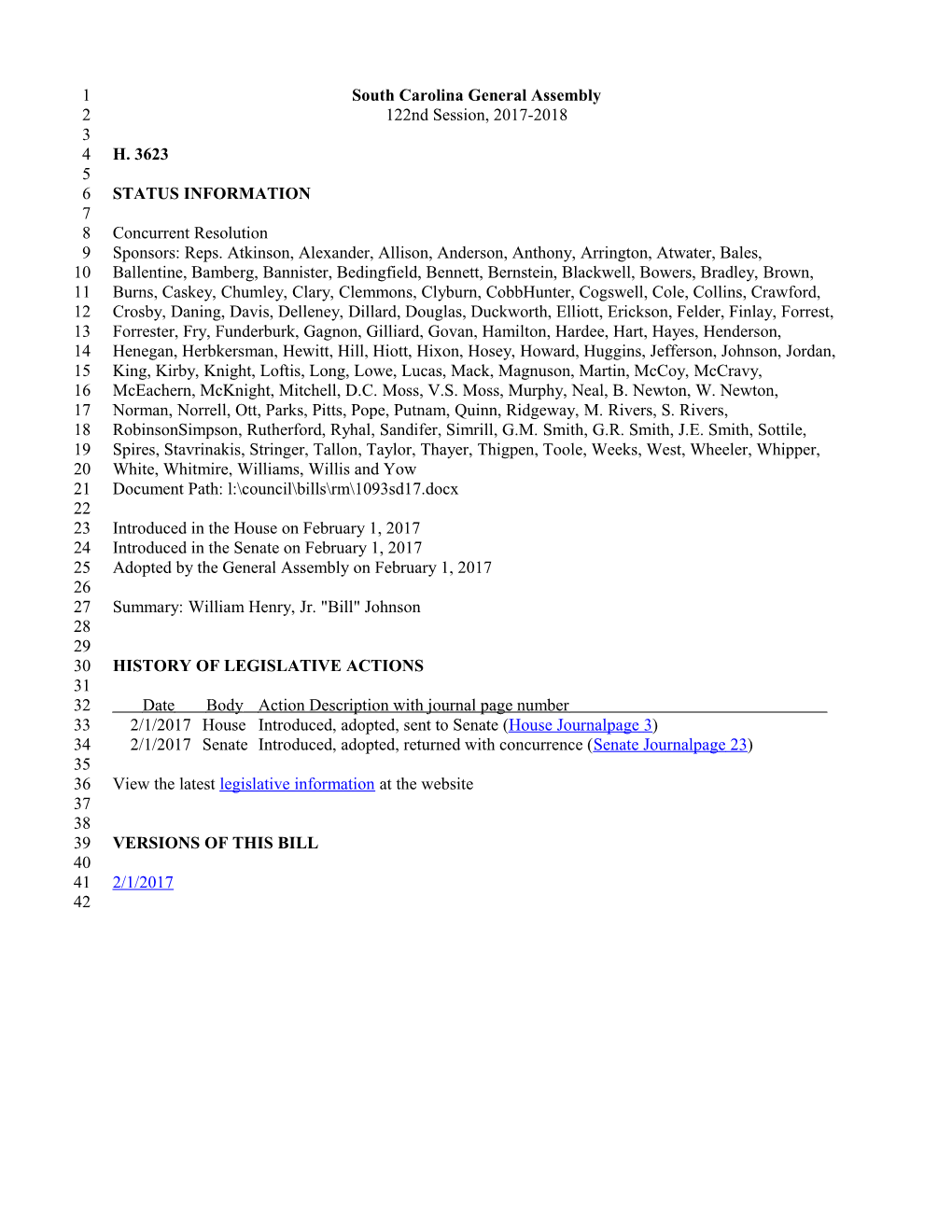 2017-2018 Bill 3623: William Henry, Jr. Bill Johnson - South Carolina Legislature Online