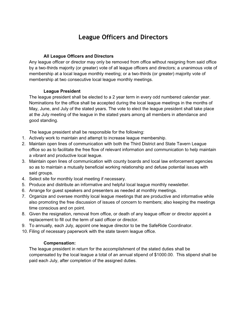 League Officers and Directors