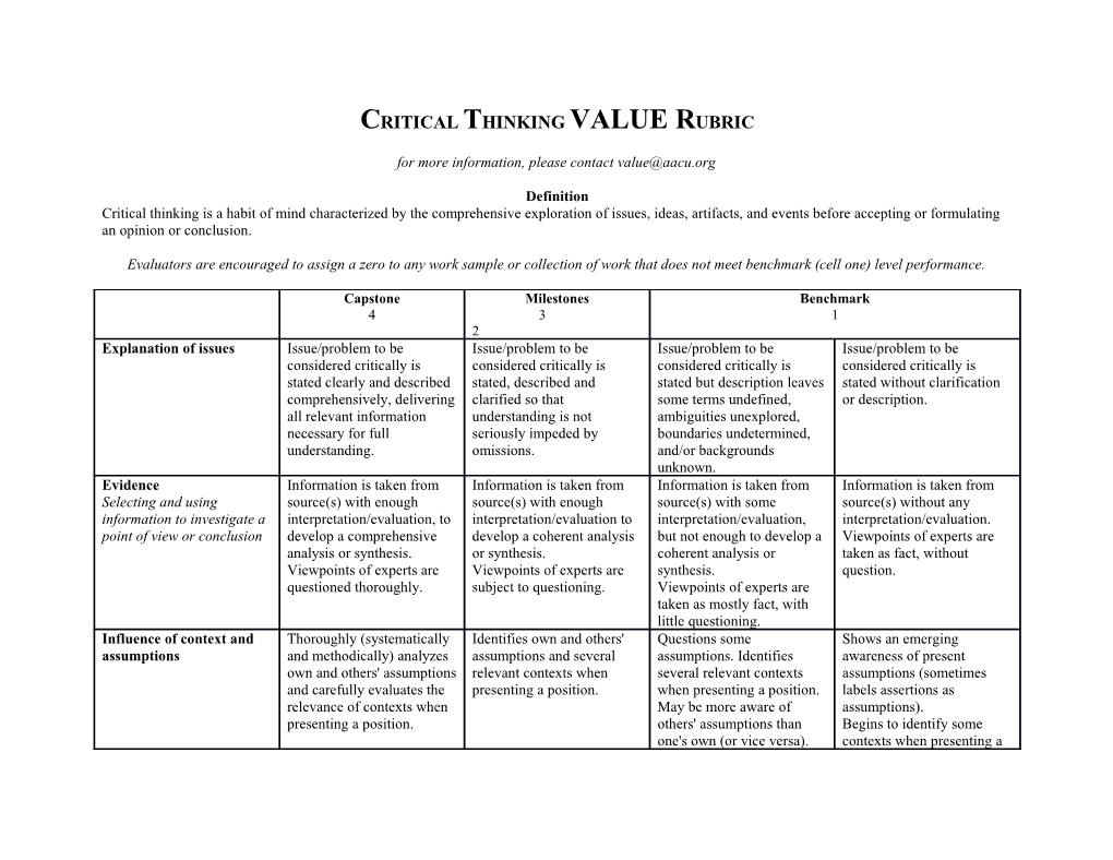 Critical Thinking Value Rubric