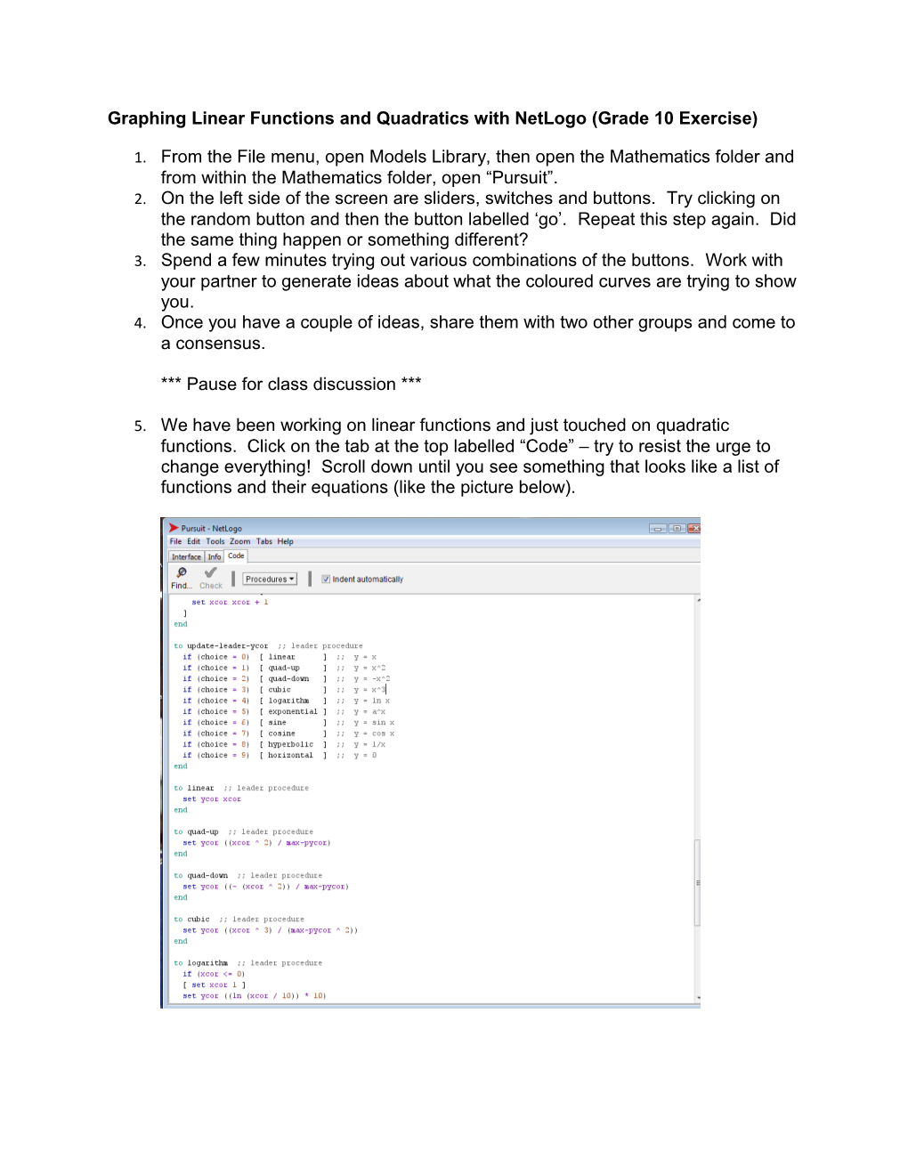 Graphing Linear Functions and Quadratics with Netlogo (Grade 10 Exercise)