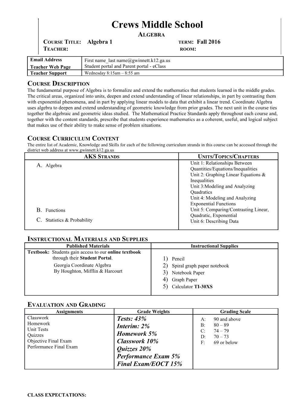 Course Title: Algebra 1 Term: Fall 2016 Teacher: Room