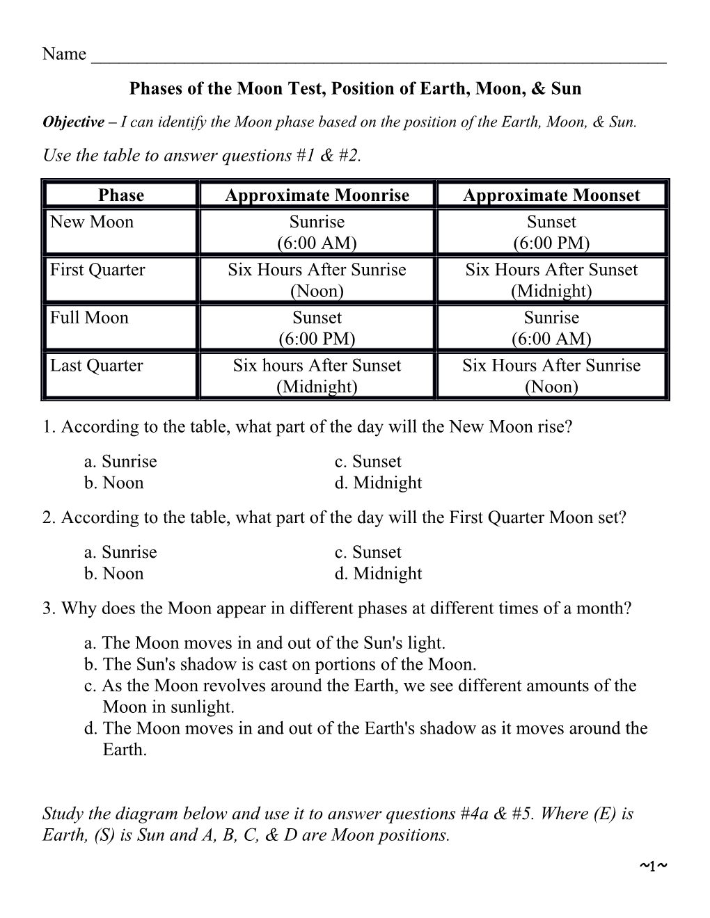 Phases of the Moon Test, Position of Earth, Moon, & Sun