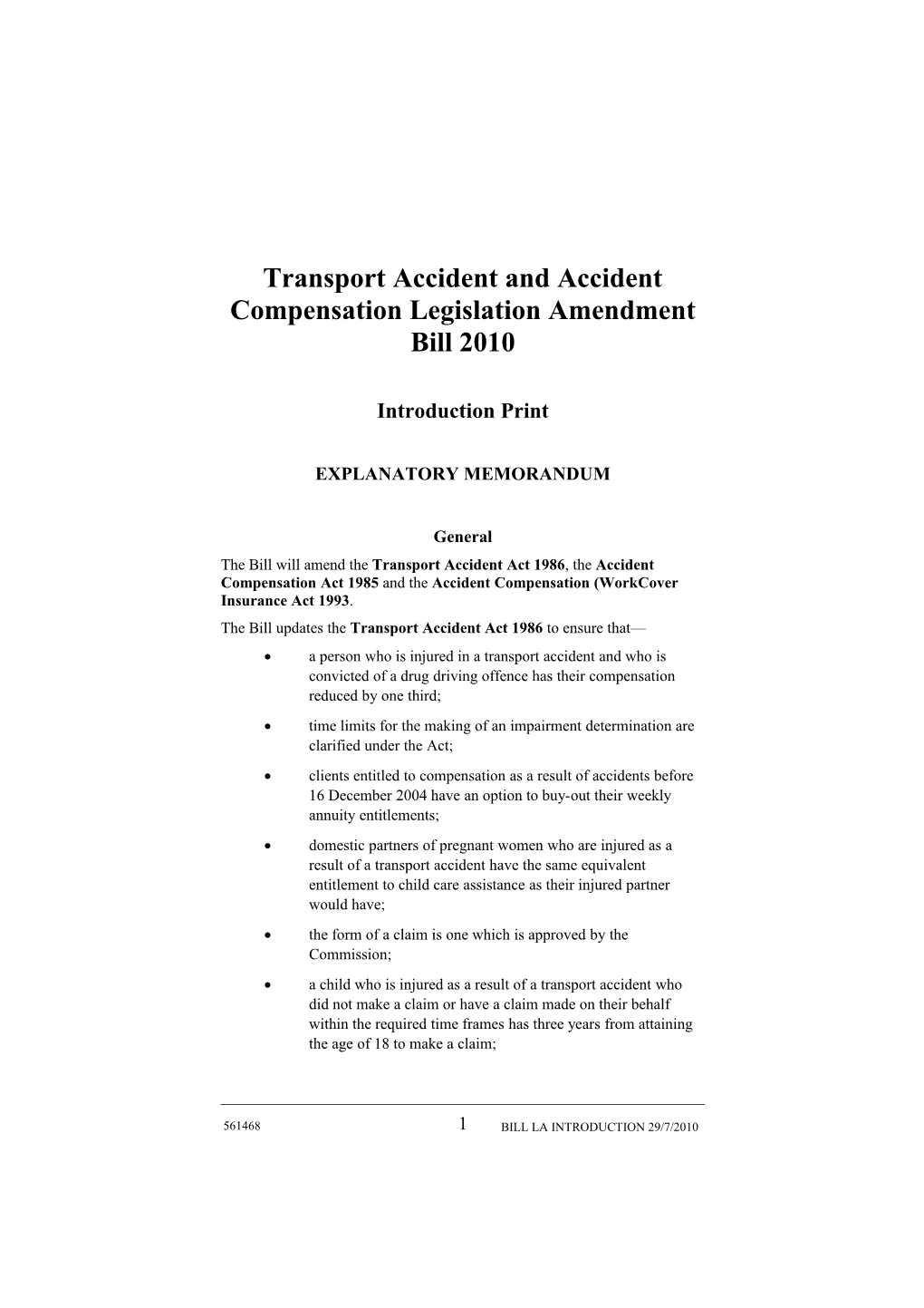 Transport Accident and Accident Compensation Legislation Amendment Bill 2010