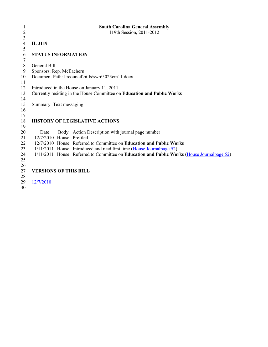 2011-2012 Bill 3119: Text Messaging - South Carolina Legislature Online