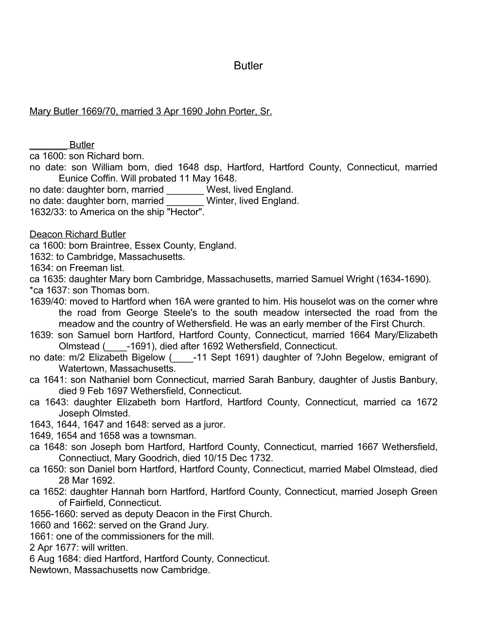 Mary Butler 1669/70, Married 3 Apr 1690 John Porter, Sr