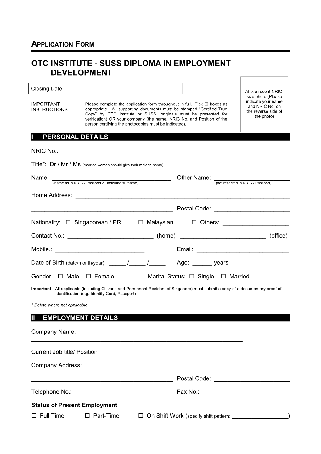 Application Form for Diploma Programme