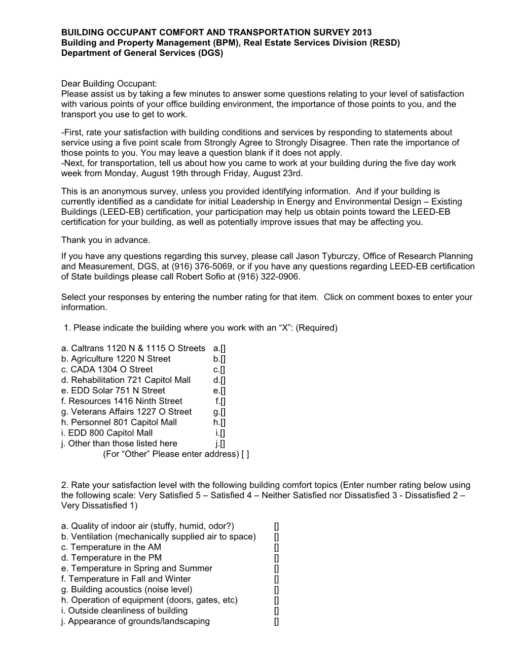 Building Occupant Comfort and Transportation Survey 2013