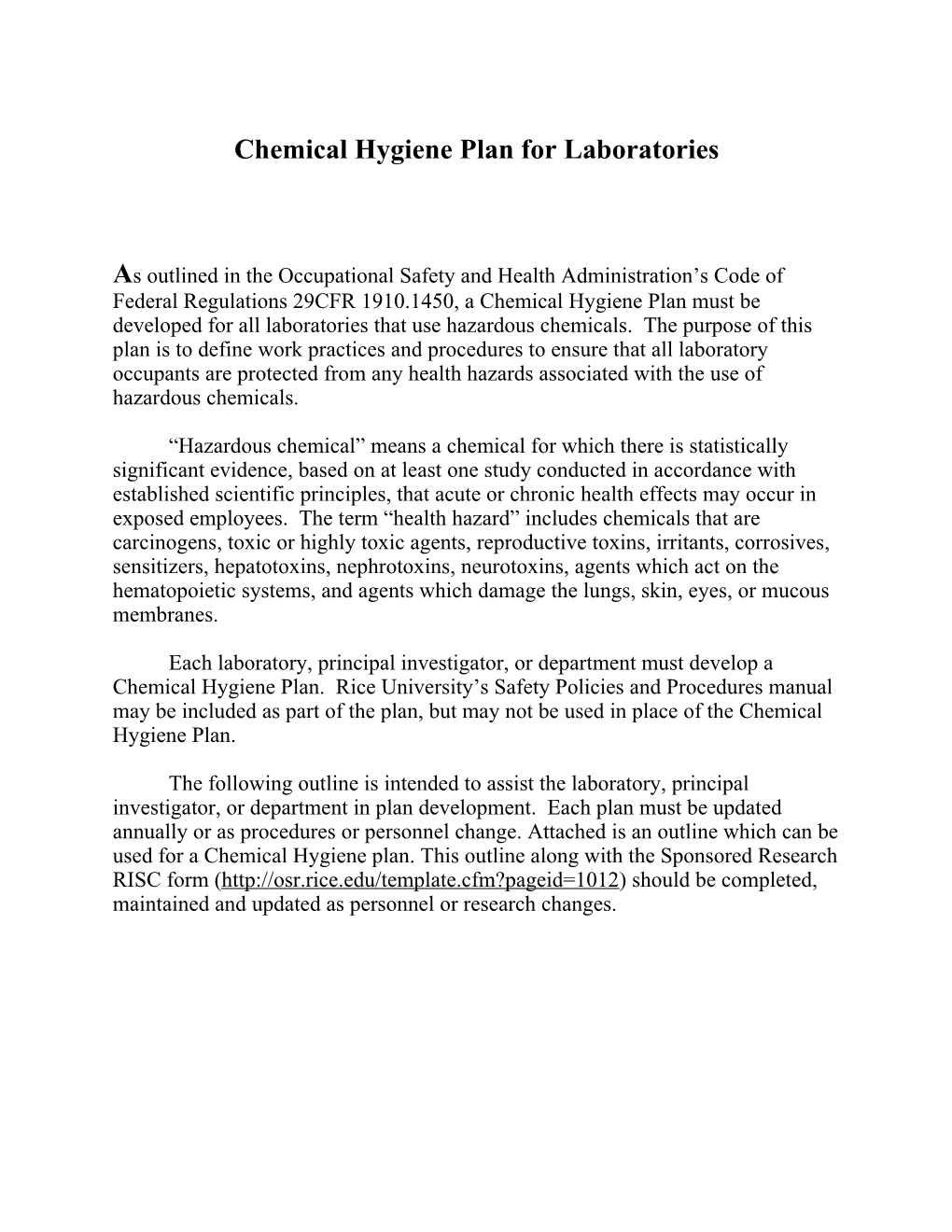 Chemical Hygiene Plan for Laboratories