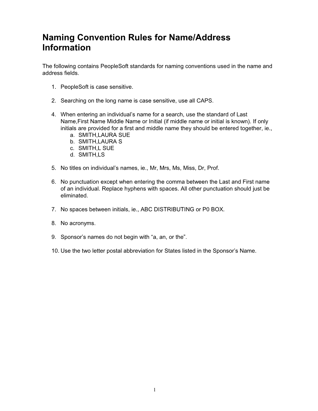 Naming Convention Rules for Name/Address Information