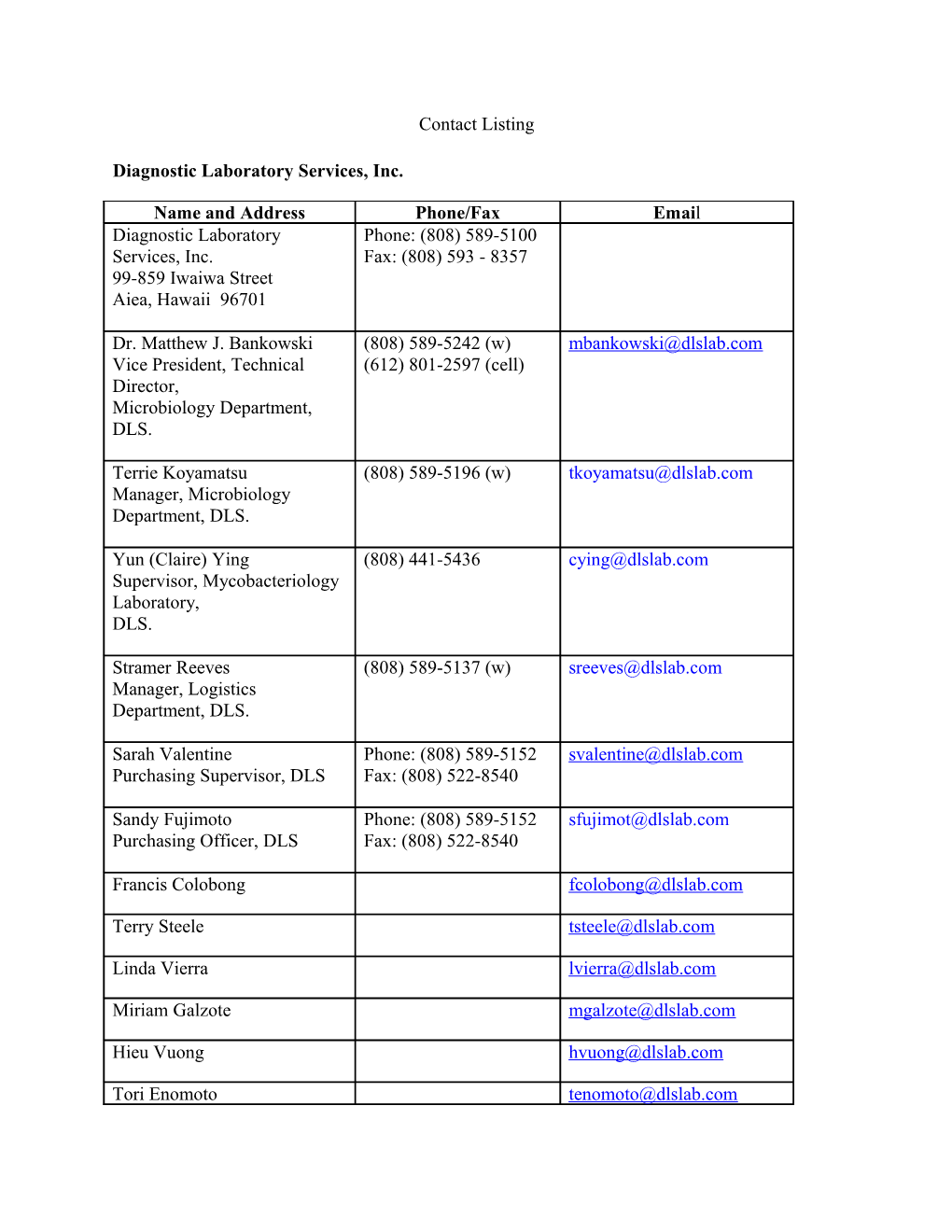 Diagnostic Laboratory Services, Inc